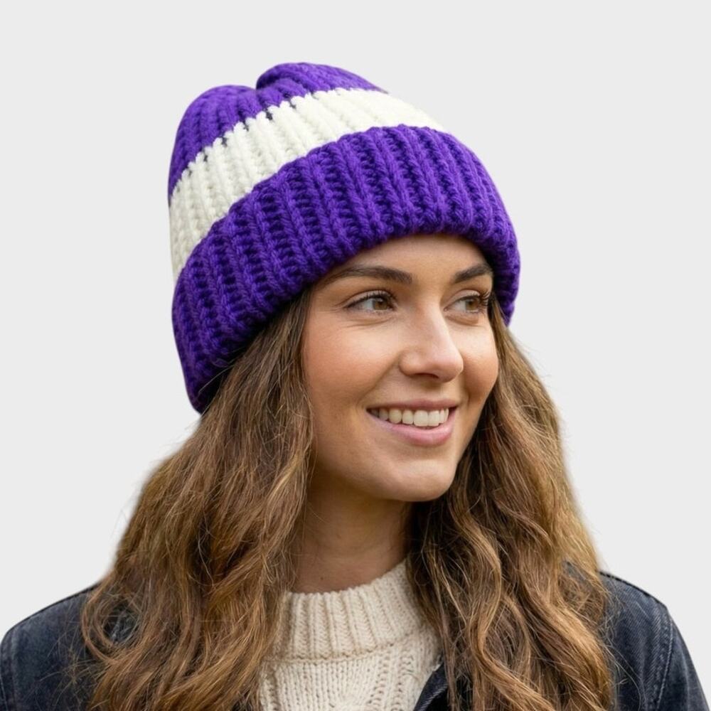 Handmade Knit Beanie Hat Purple White Stripe
